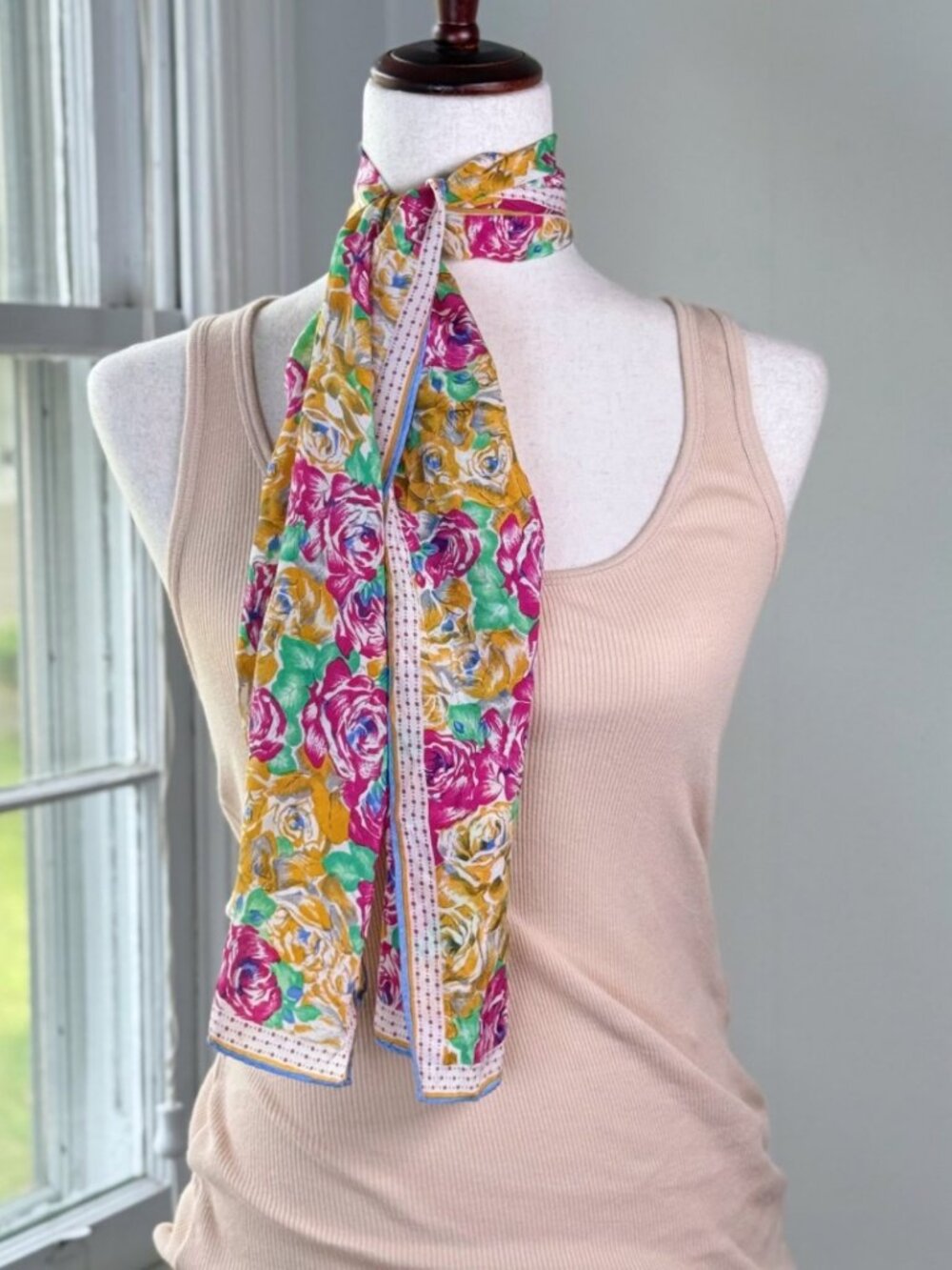 Vintage Silk Floral Neck Scarf Albert Nipon Roses Cottagecore Grandma Retro 80s
